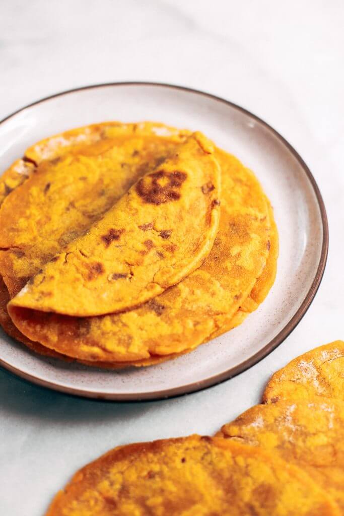 Two ingredient sweet potato paleo tortillas. An easy gluten free and paleo tortilla recipe. These tortillas are pliable, delicious, and easy to make!