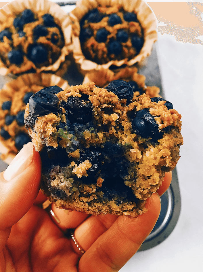 Paleo blueberry muffins made with sweet potatoes instead of flour! These flourless muffins make for a healthy breakfast on-the-go! Kid-proof and delicious paleo breakfast recipe for meal prep. #paleo #baking #recipes #glutenfree #helathy