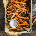 How to make crispy sweet potato fries in 30 minutes! Paleo and whole30 sweet potato fries are a healthy side dish or snack. Make these easy sweet potato fries to serve along a salad or soup. Delicious! Crispy! Easy! #paleo #whole30 #vegan