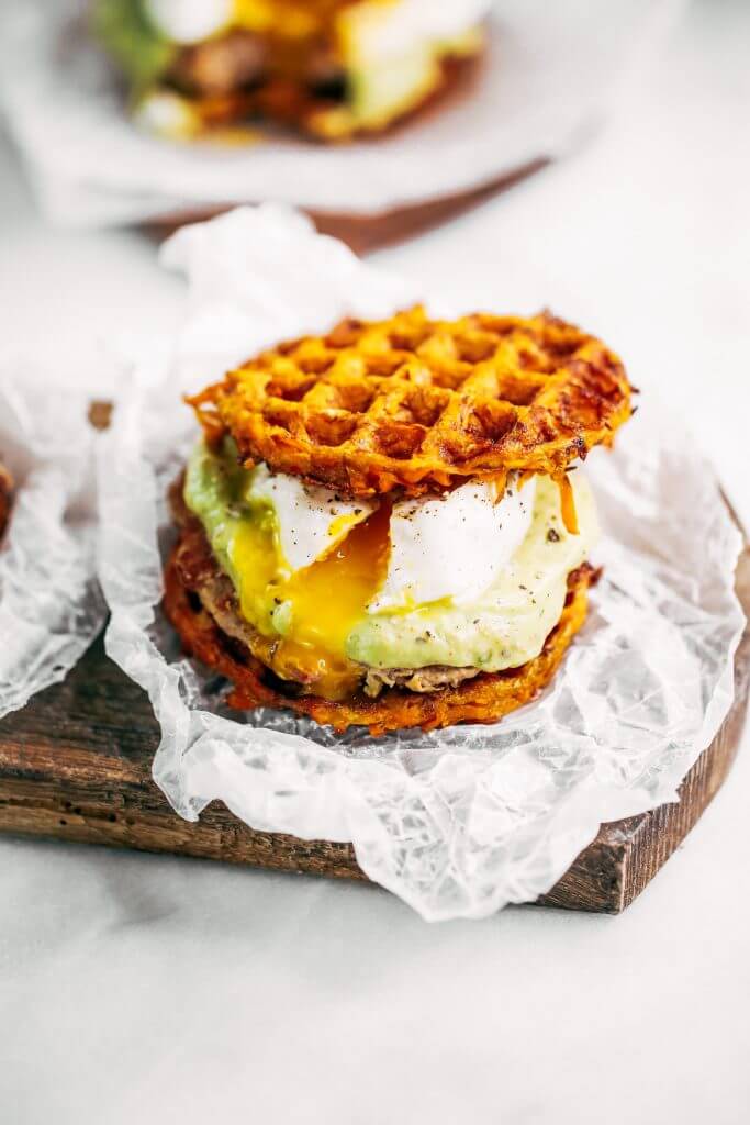 Bacon turkey burger with avocado ranch dressing and sweet potato waffles! This whole30 breakfast is easy, delicious, and filling. If you're looking for a healthy paleo breakfast burger recipe, this is it! Paleo whole30 meal prep. #paleo #whole30