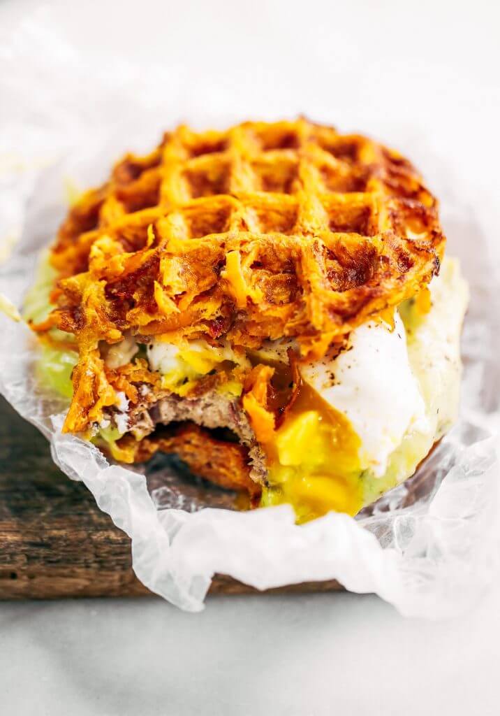 Bacon turkey burger with avocado ranch dressing and sweet potato waffles! This whole30 breakfast is easy, delicious, and filling. If you're looking for a healthy paleo breakfast burger recipe, this is it! Paleo whole30 meal prep. #paleo #whole30