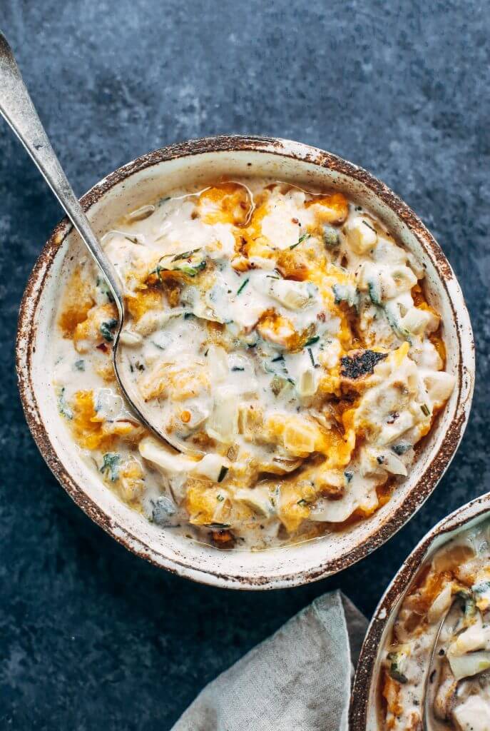 This savory whole30 breakfast bowl is made with butternut squash, chicken sausage, and sage cream sauce. Dairy free and paleo breakfast idea for busy families and individuals who are looking for a healthy breakfast packed with protein, nutrients, and flavor! #whole30 #paleo #healthybreakfast #chicken #paleodiet