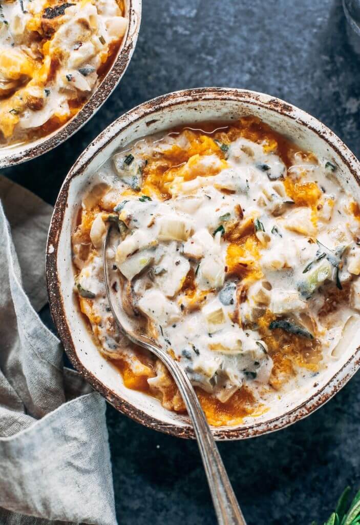 This savory whole30 breakfast bowl is made with butternut squash, chicken sausage, and sage cream sauce. Dairy free and paleo breakfast idea for busy families and individuals who are looking for a healthy breakfast packed with protein, nutrients, and flavor! #whole30 #paleo #healthybreakfast #chicken #paleodiet