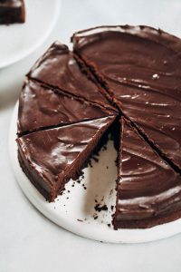 Flourless chocolate cake recipe. Paleo and dairy free fudgey chocolate cake with a thick layer of chocolate frosting. This easy chocolate cake will win hearts over and make you go back for seconds. #cake #chocolate #desserts #baking #paleo