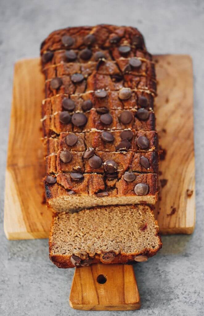 How to make coconut flour banana bread. An easy paleo banana bread recipe, naturally sweetened with dates. This gluten free loaf is made in just minutes in a food processor! Make this easy breakfast bread the whole family will love. #paleo #recipes #glutenfree #fruit #baking #cooking