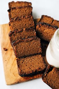 Easy recipe for healthy paleo gingerbread- made with sweet potatoes instead of flour! This loaf is such a yummy fall treat that is easy to make in a food processor. Gluten free, grain free, and dairy free gingerbread made with real ingredients. Kid approved!