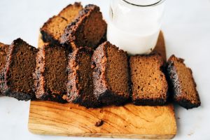 Easy recipe for healthy paleo gingerbread- made with sweet potatoes instead of flour! This loaf is such a yummy fall treat that is easy to make in a food processor. Gluten free, grain free, and dairy free gingerbread made with real ingredients. Kid approved!