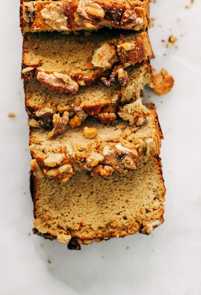 Paleo banana bread made with no sugar! Fruit sweetened flourless banana bread recipe that's easy to make in the blender. Light, fluffy, and moist healthy banana bread for spring baking.